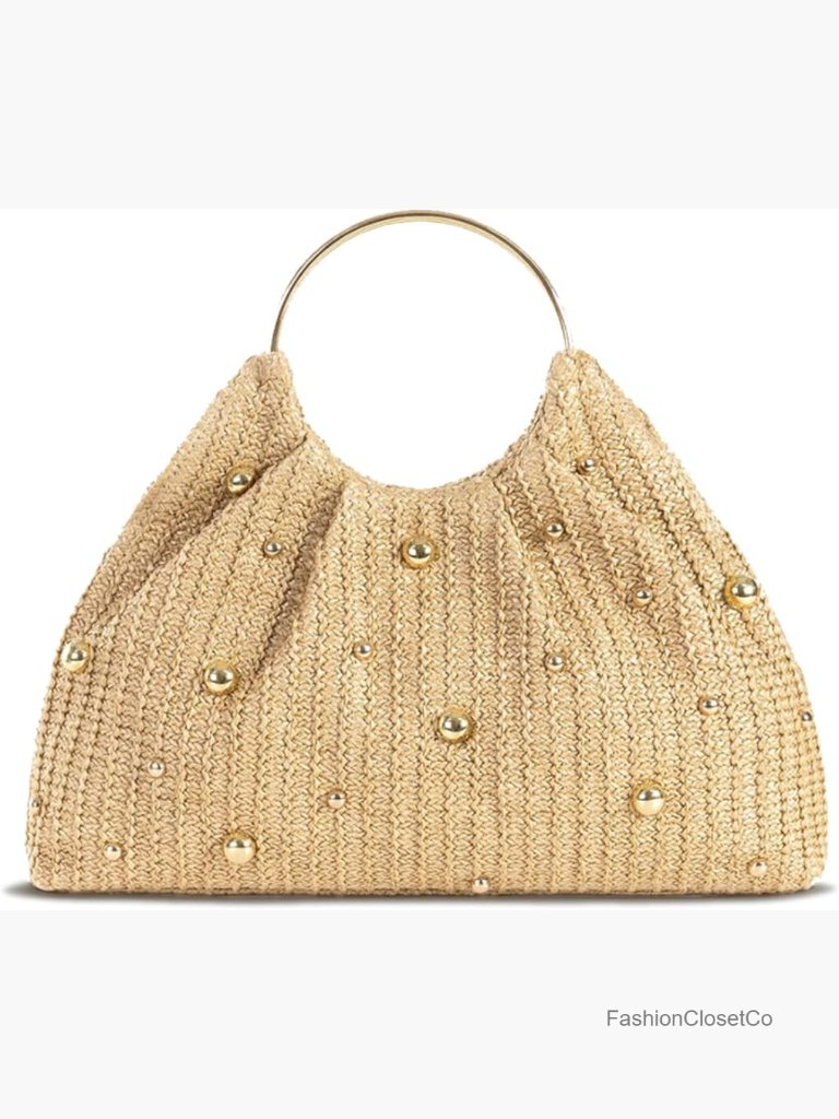 Boho Chic Woven Straw Top-Handle Bag With Gold Studs